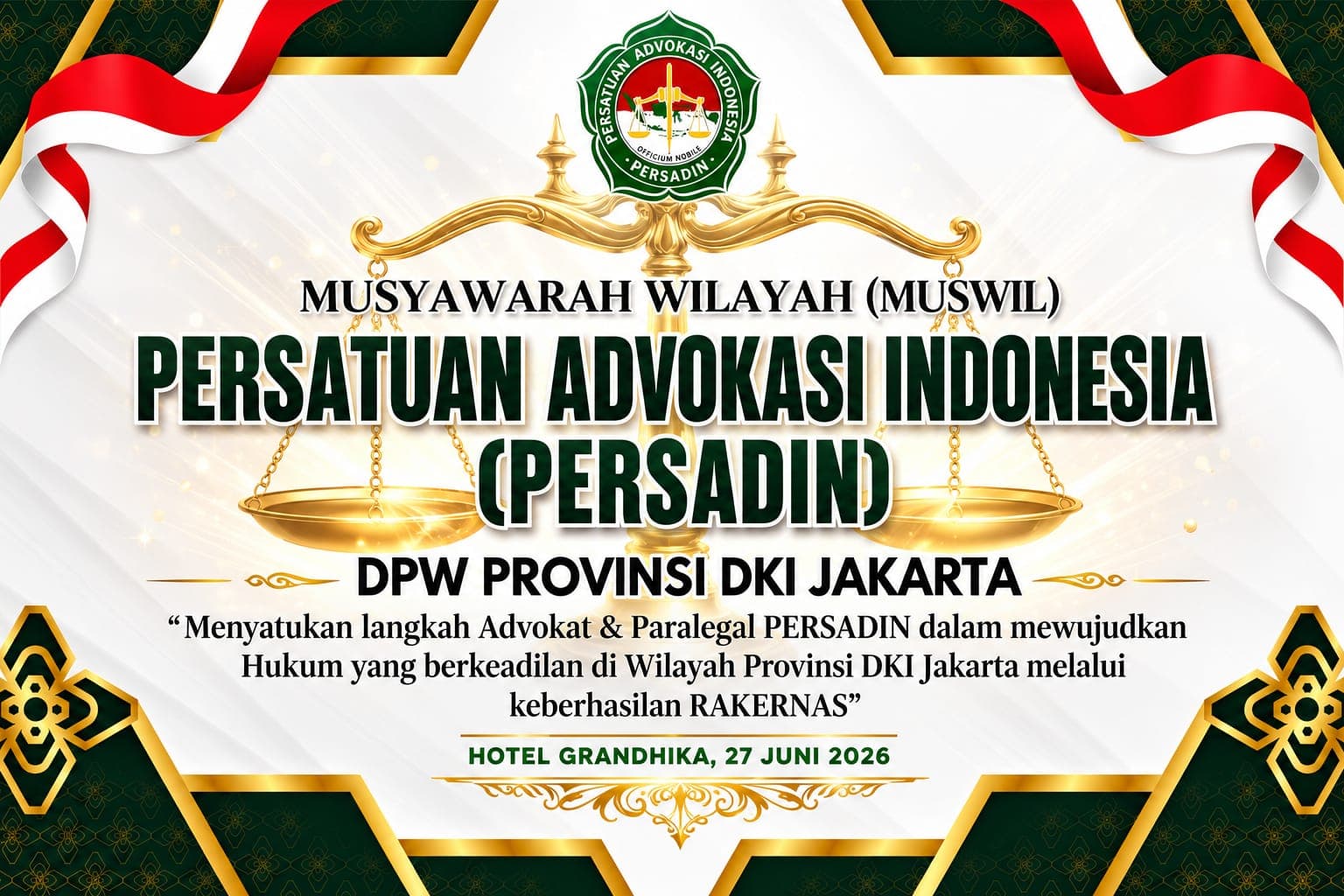 Poster Musyawarah Wilayah Persatuan Advokasi Indonesia DKI Jakarta di Hotel Grandhika, 27 Juni 2026.