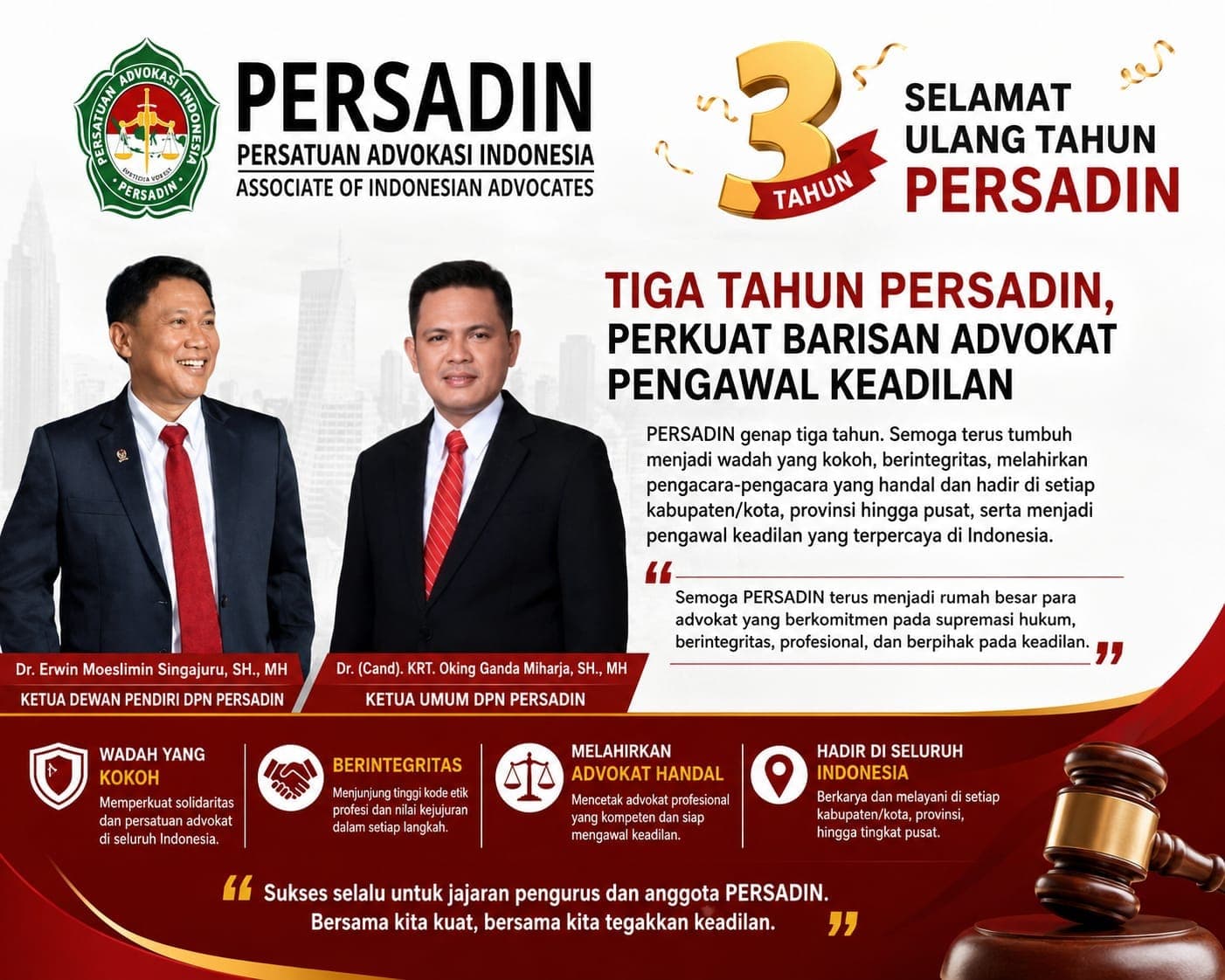 Poster perayaan ulang tahun ketiga PERSADIN menampilkan dua pimpinan organisasi dengan latar gedung perkotaan.